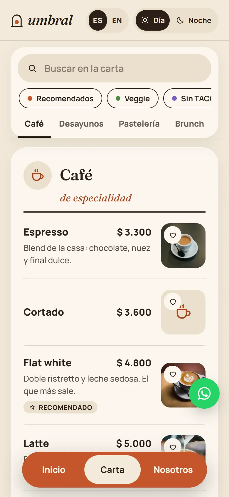 Carta con buscador y filtros