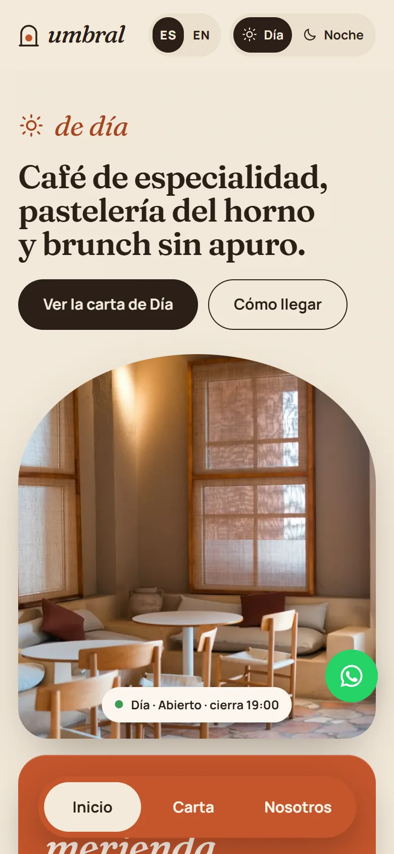 Demo de Umbral, un café-bar de ejemplo, en el celular